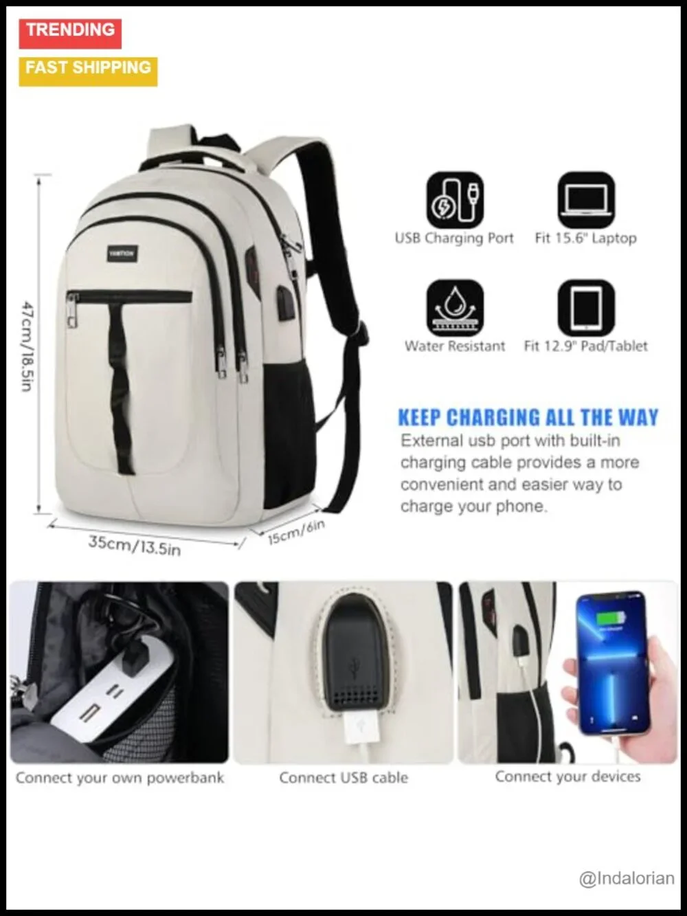 Large Capacity Waterproof Laptop Backpack with USB Port for School